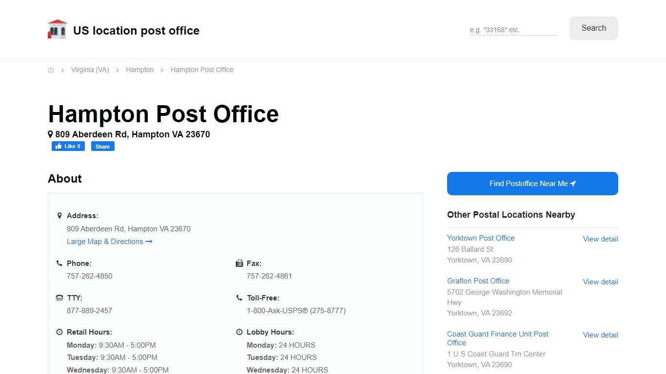 Hampton Post Office, VA 23670 - Hours Phone Service and Location
